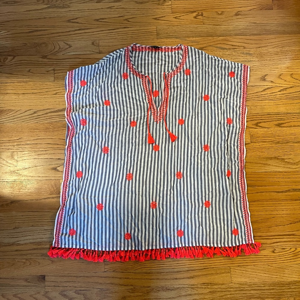 J. Crew Striped Embroidered Tassel Swim Coverup